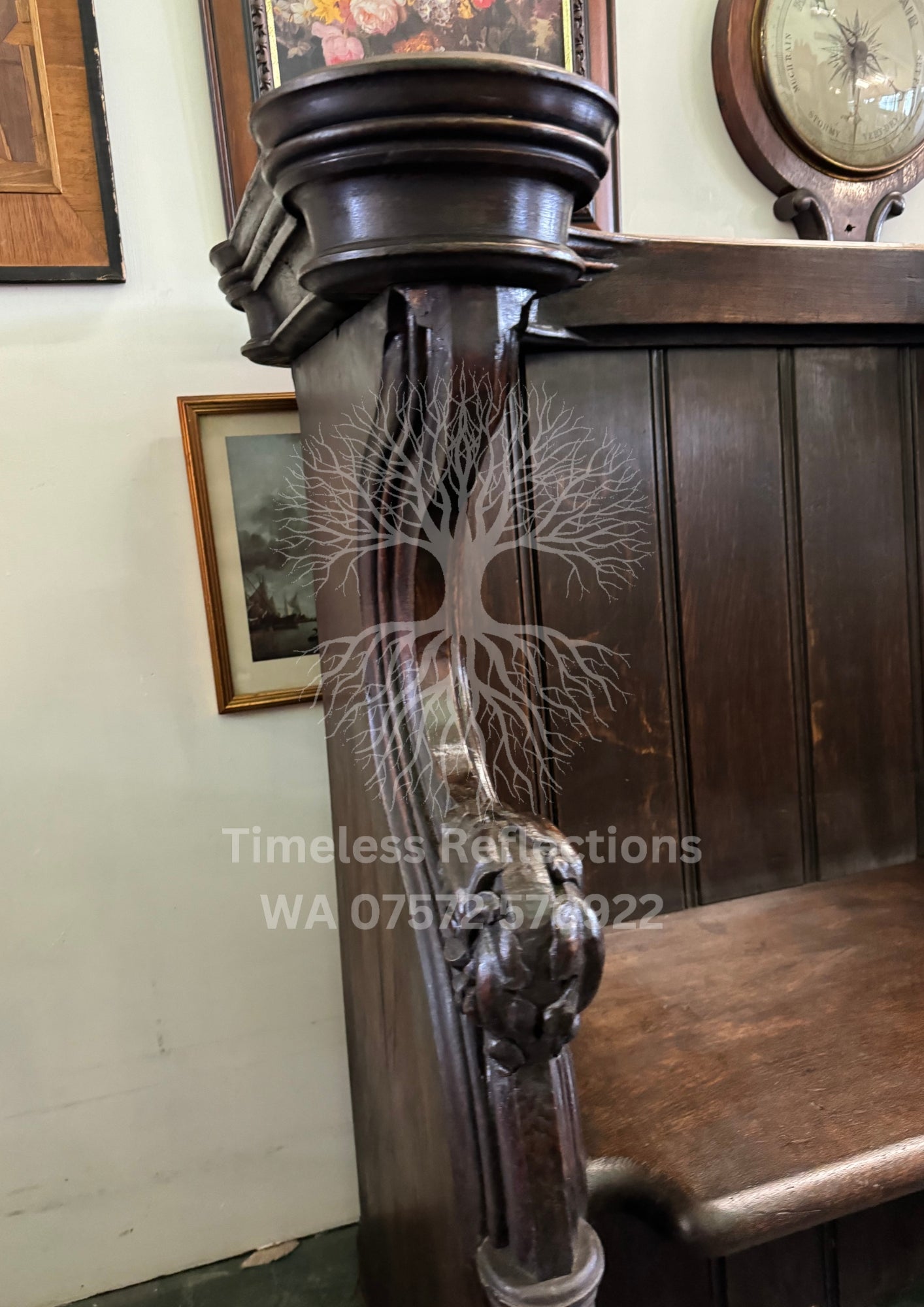 Antique Oak Church Pew with Carved Details