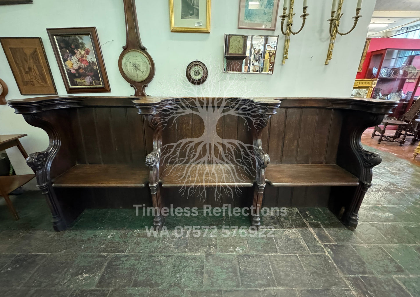 Antique Oak Church Pew with Carved Details