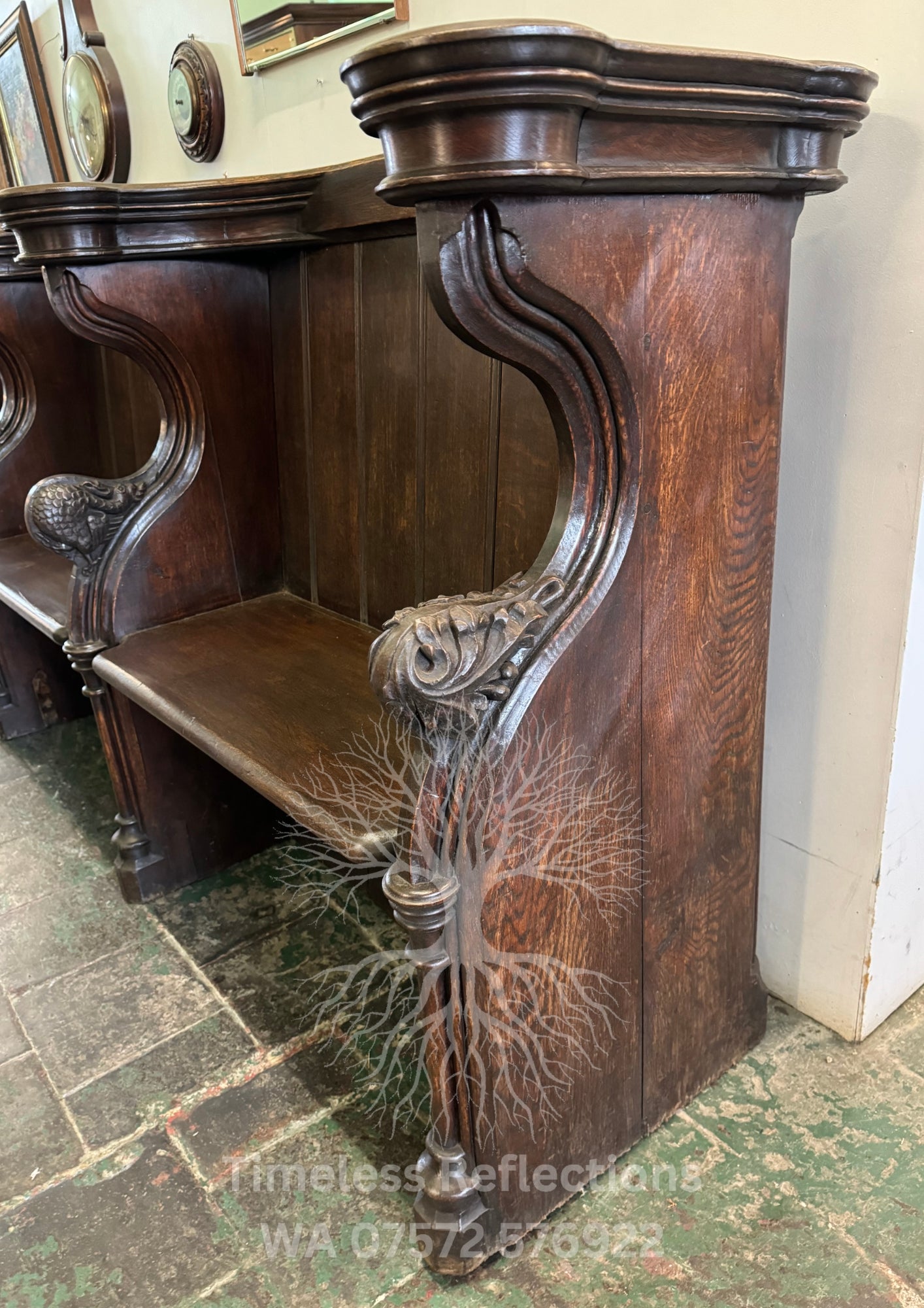 Antique Oak Church Pew with Carved Details