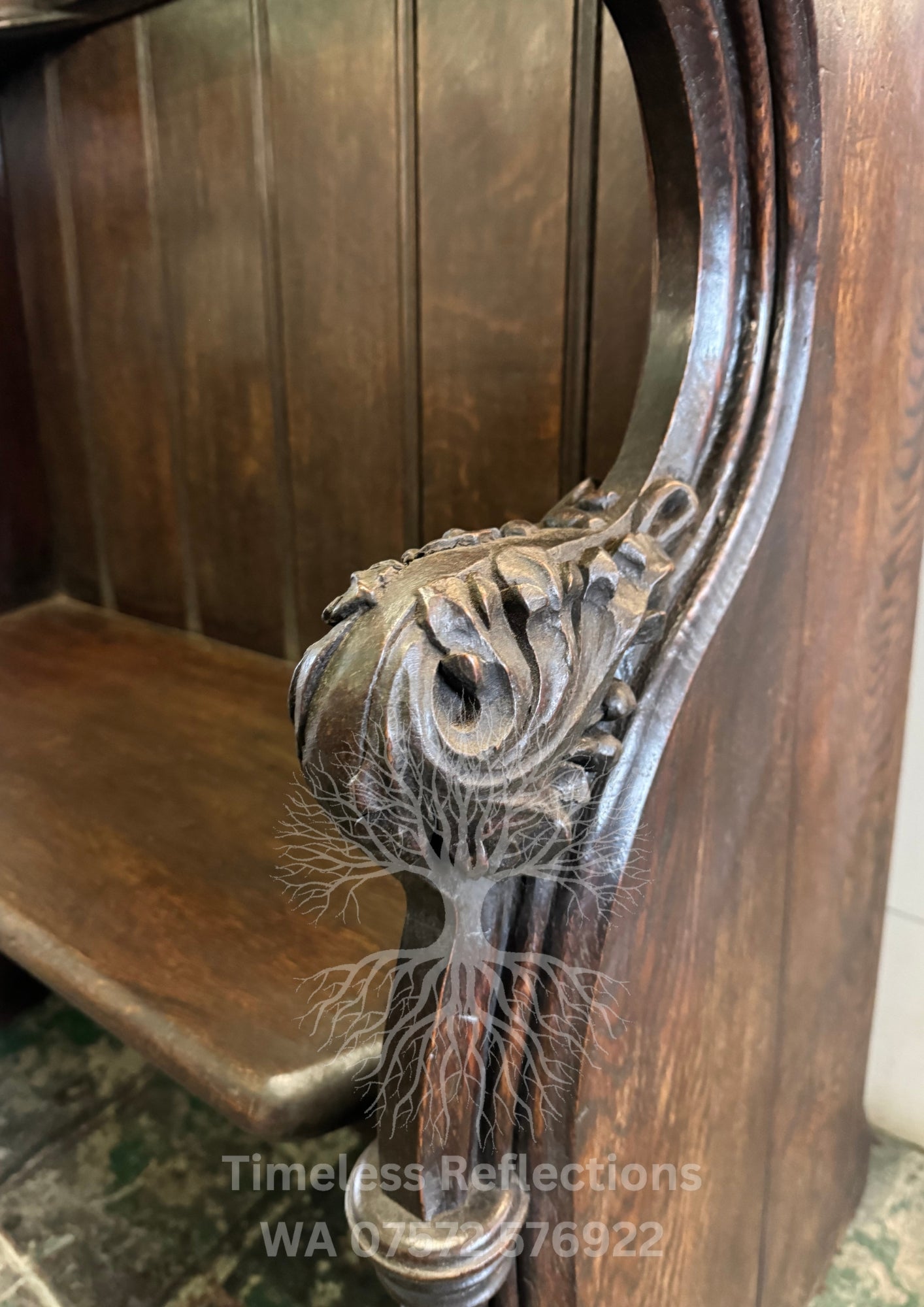 Antique Oak Church Pew with Carved Details