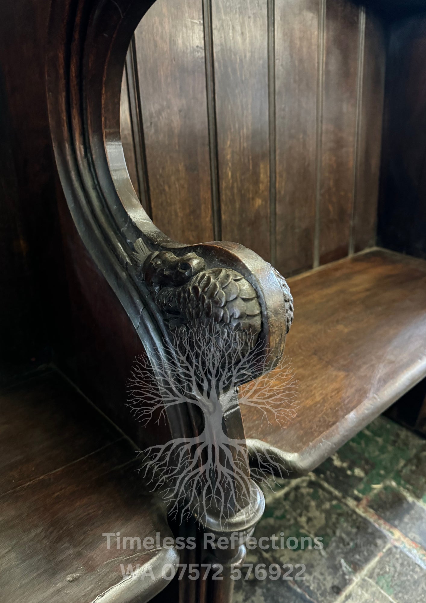 Antique Oak Church Pew with Carved Details