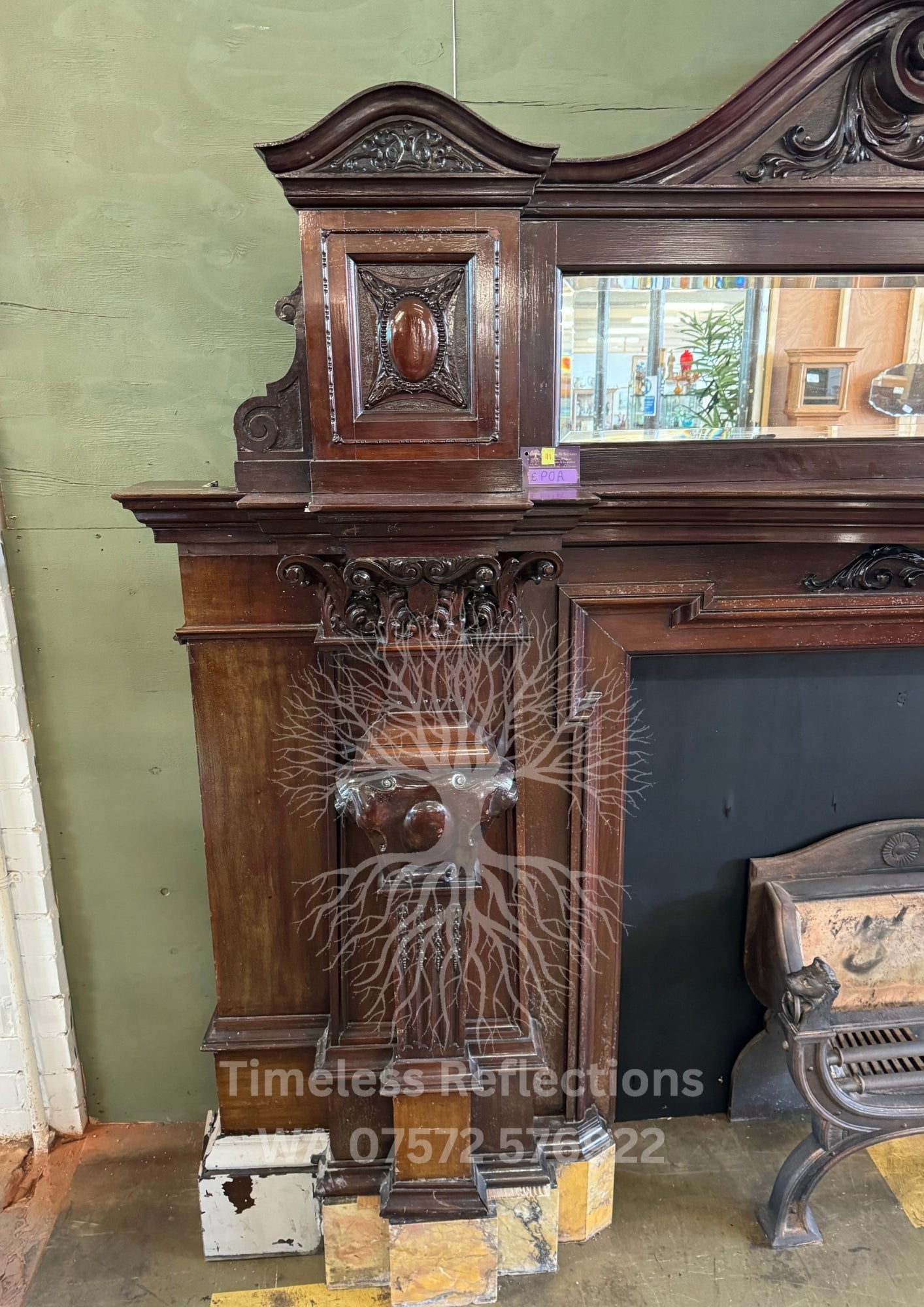 Antique Carved Wooden Fireplace with ‘Tempus Fugit’ Clock