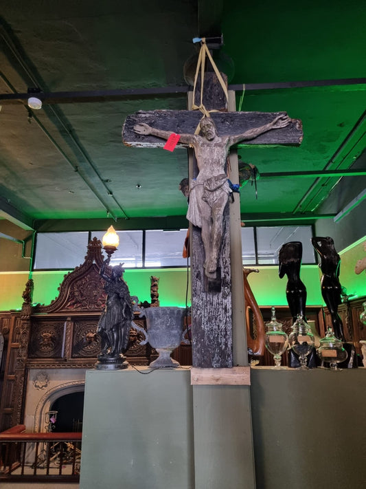 Antique Oak Cross with Mahogany Christ: A Sacred Masterpiece