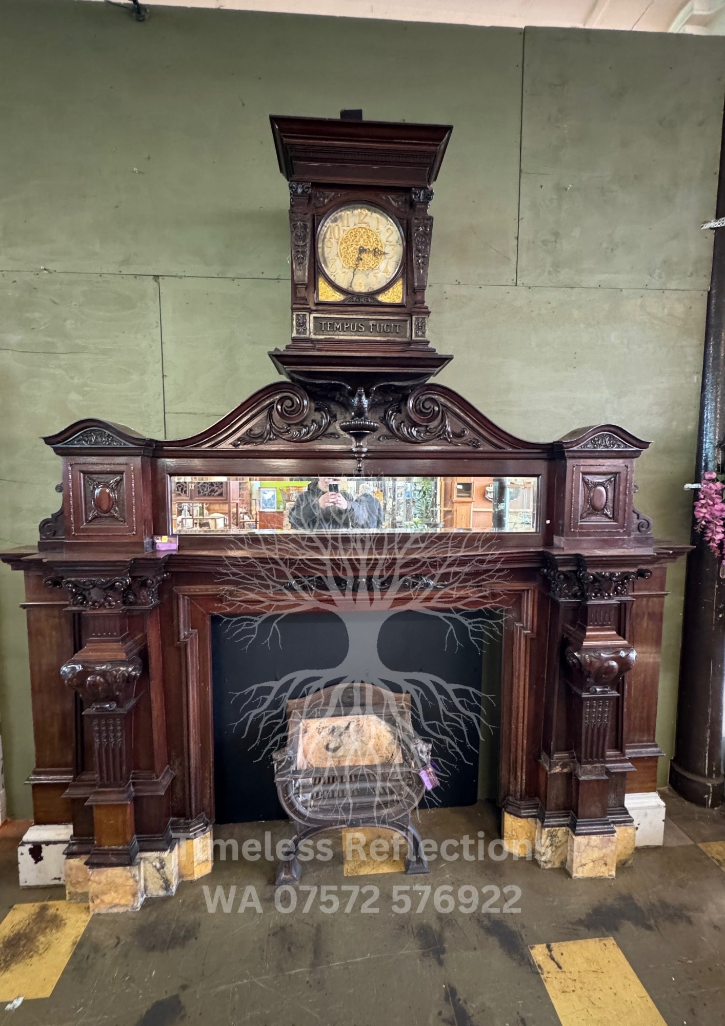 Antique Carved Wooden Fireplace with ‘Tempus Fugit’ Clock