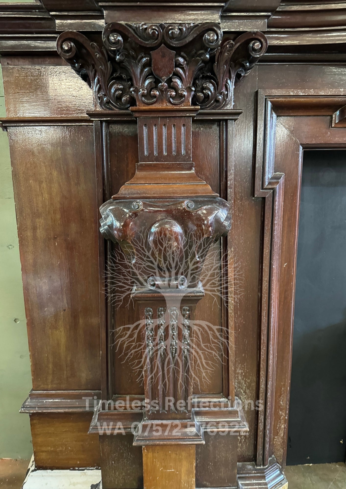 Antique Carved Wooden Fireplace with ‘Tempus Fugit’ Clock