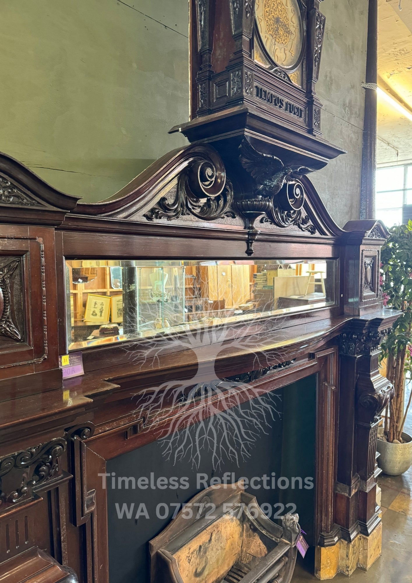Antique Carved Wooden Fireplace with ‘Tempus Fugit’ Clock