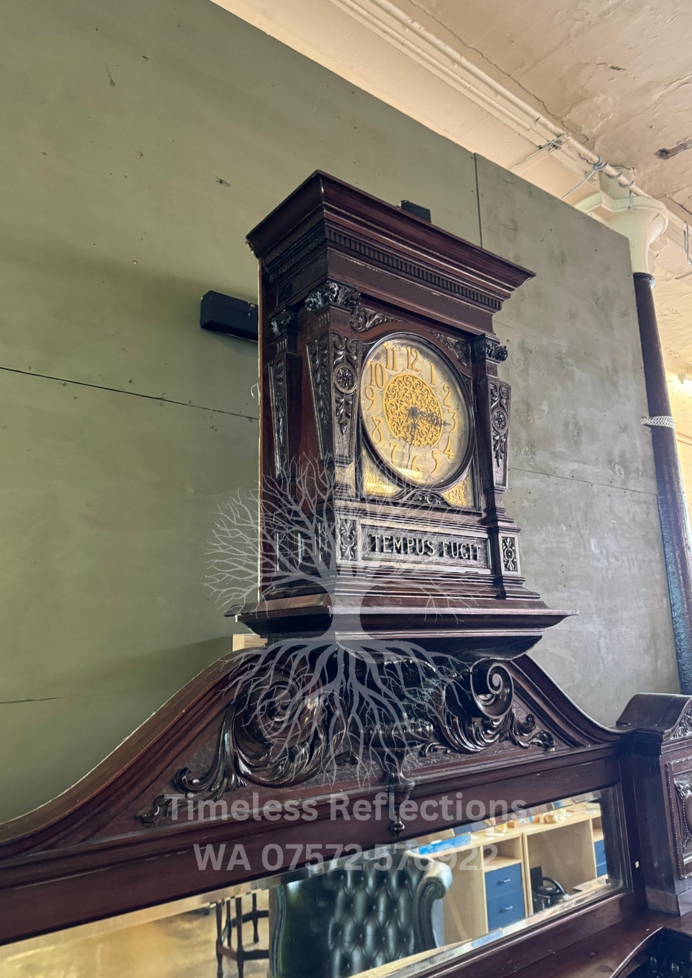 Antique Carved Wooden Fireplace with ‘Tempus Fugit’ Clock