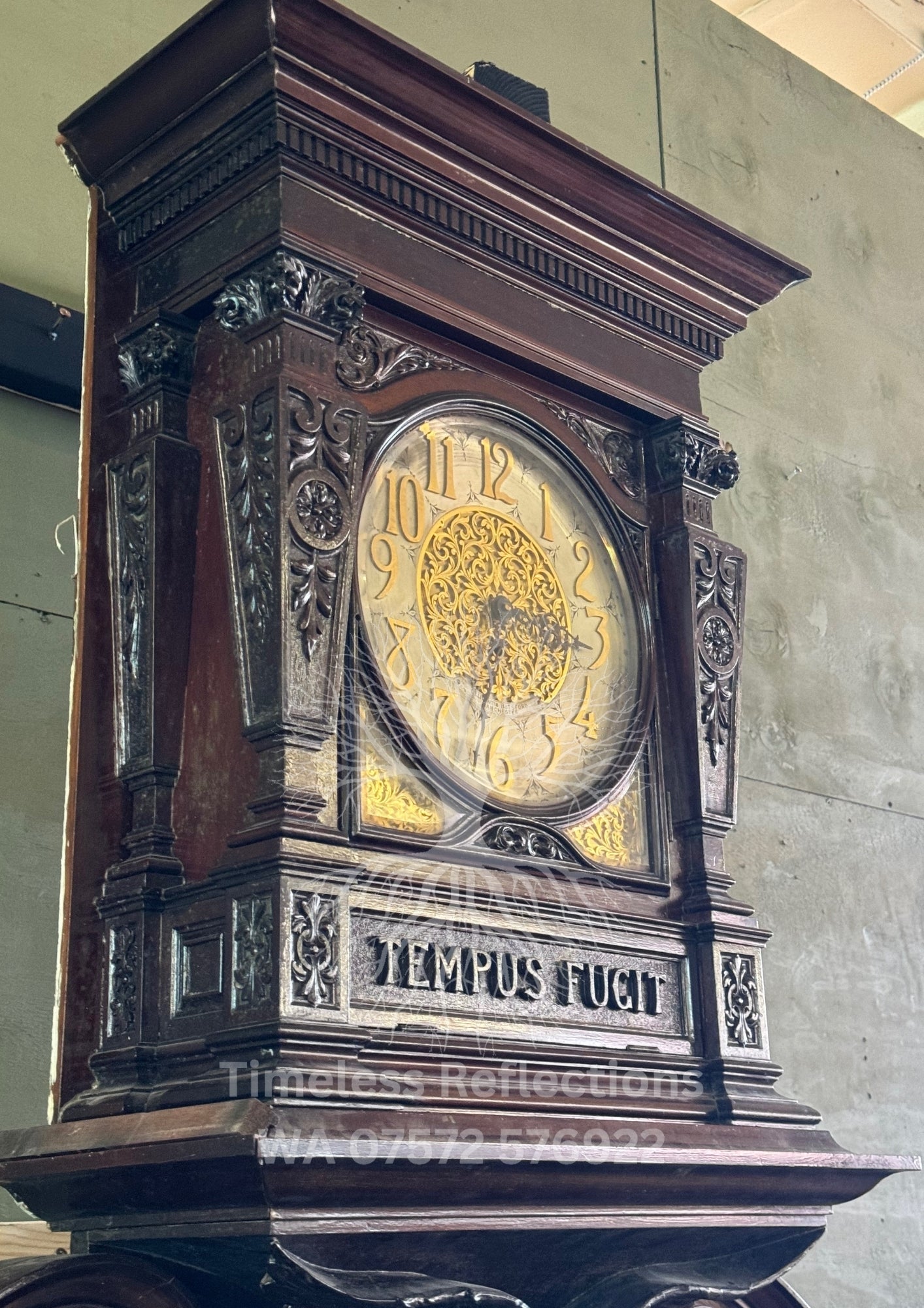 Antique Carved Wooden Fireplace with ‘Tempus Fugit’ Clock