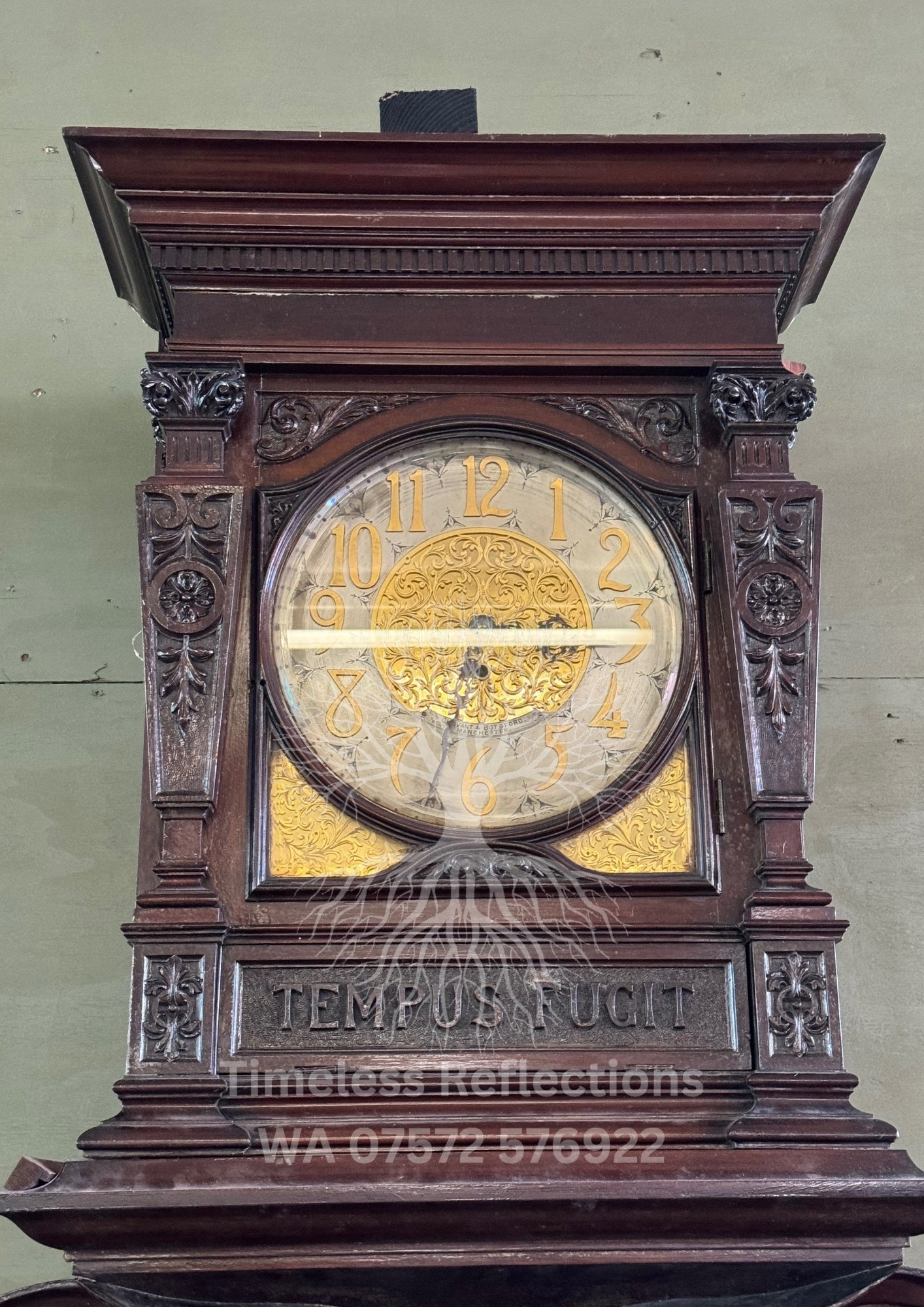 Antique Carved Wooden Fireplace with ‘Tempus Fugit’ Clock