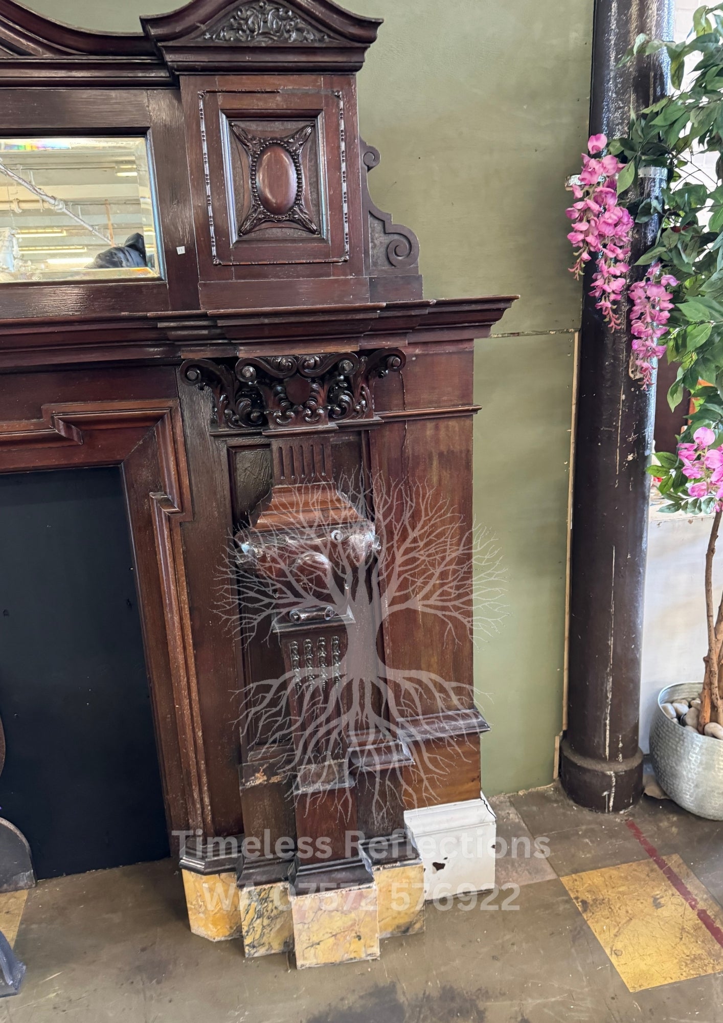 Antique Carved Wooden Fireplace with ‘Tempus Fugit’ Clock