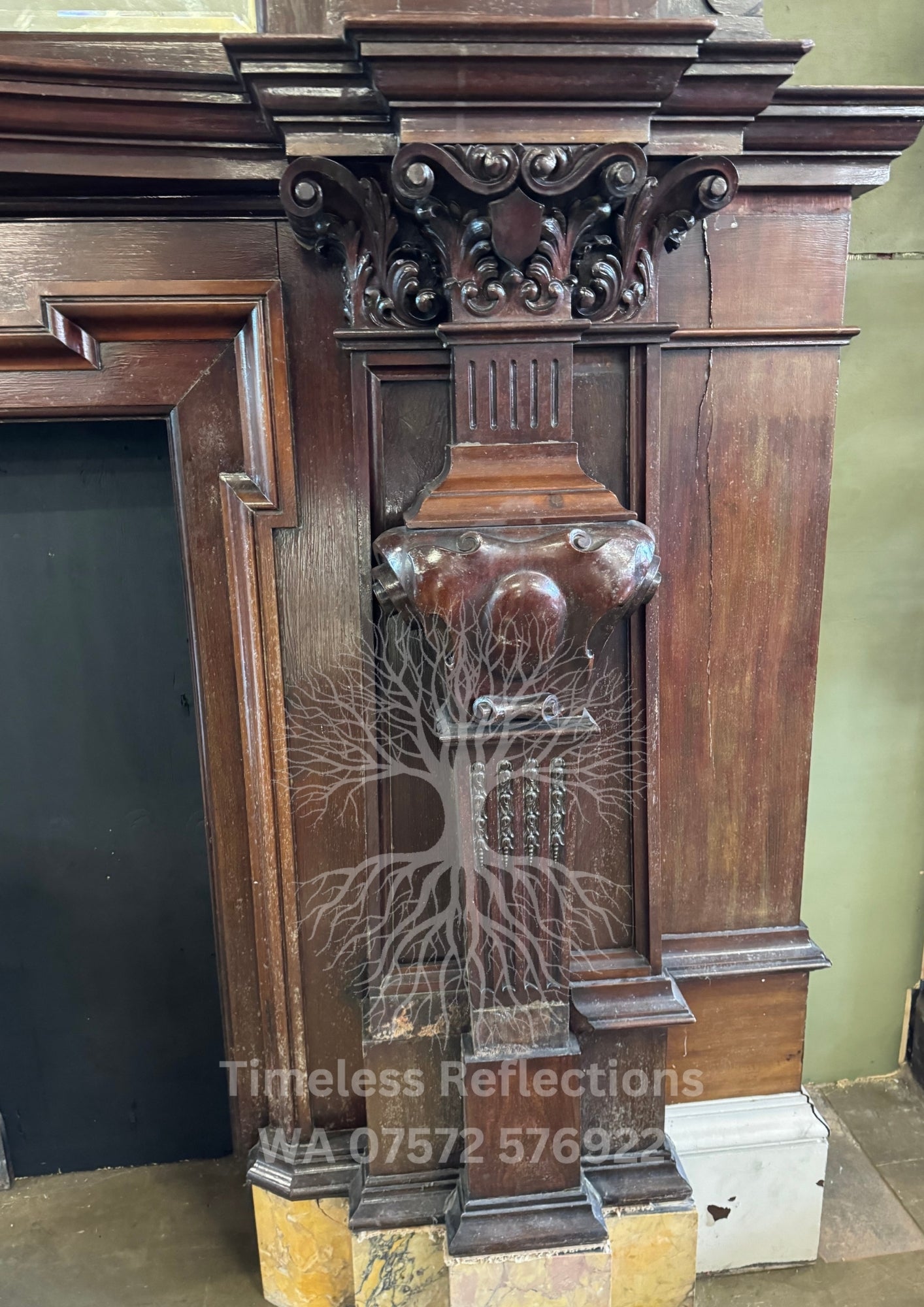 Antique Carved Wooden Fireplace with ‘Tempus Fugit’ Clock
