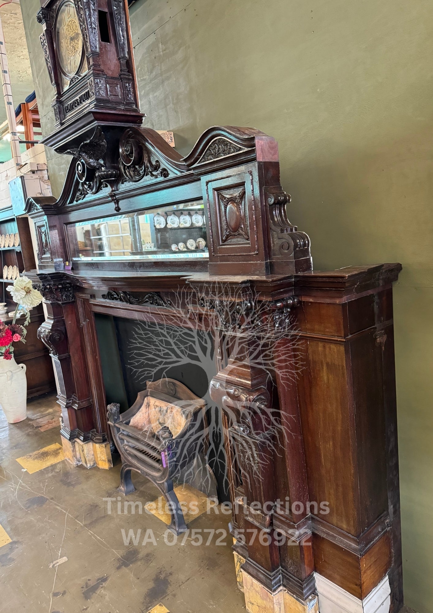 Antique Carved Wooden Fireplace with ‘Tempus Fugit’ Clock