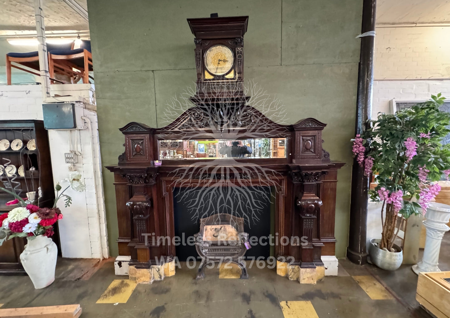 Antique Carved Wooden Fireplace with ‘Tempus Fugit’ Clock